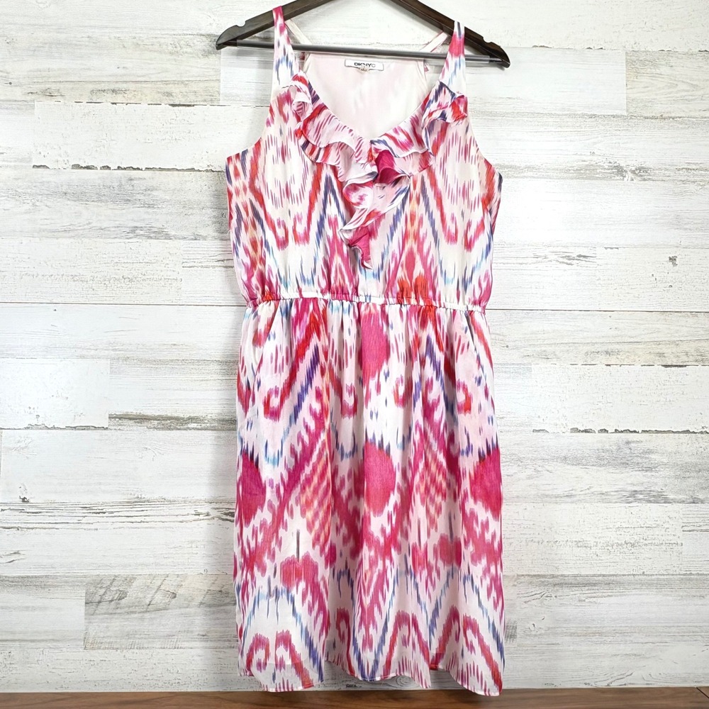 DKNYC Ruffle Neck Dress Womens Medium Pink Ikat Sleeveless Boho Chic Summer